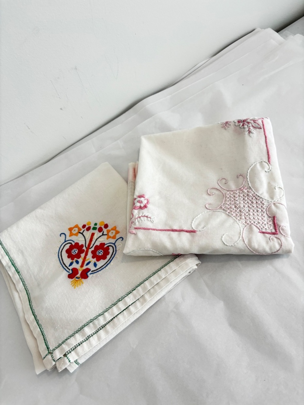 Vintage linens SET OF TWO small table covers white cotton hand embroidered